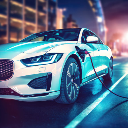 An electric car charges up, glowing under city lights at dusk.の素材