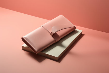 The wallet's soft hue contrasts with the angular shadows of paper folds.の素材