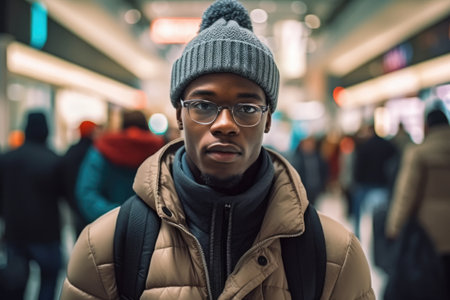 A pensive young man in winter attire against a busy background.の素材
