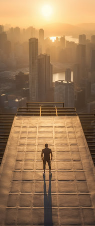 A lone person stands facing a foggy sunrise over an urban skylineの素材