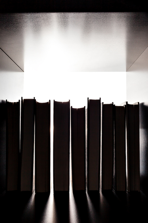 View from the bookcase: look through a number of books. Silhouette of several books on the bookshelfの写真素材