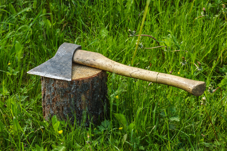 Axe on the stump. Work logger tool. Firewood for the winter