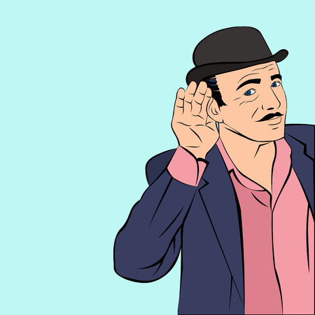 Mafioso in hat listening to the news. Handsome young man interested in rumors. Illustration in pop-art styleのイラスト素材