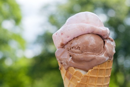 Ice cream melting in waffle. Blurred trees on backgroundの写真素材
