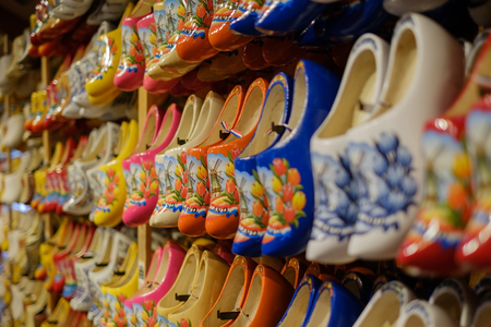 NETHERLANDS - July 26 2017 : Dutch traditional wooden shoes, clogのeditorial素材