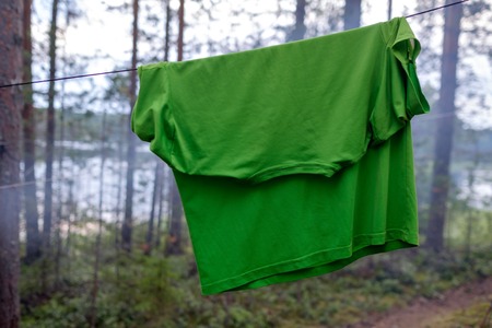A green synthetic T-shirt is dried on a rope in the forest among the trees.の写真素材