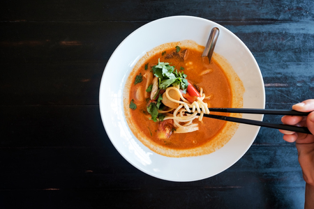 Tom Yam Soup. Traditional thai seafood. Top view