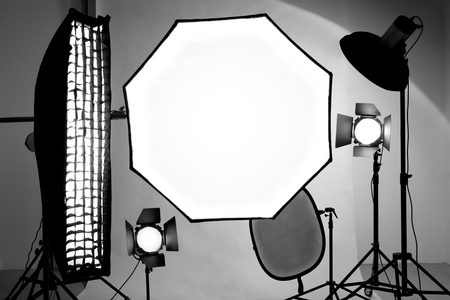 Studio equipment tools. Reflector, soft box, octobox for shooting indoorsの写真素材