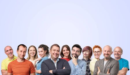 Horizontal collage of people faces smiling or laughing with copyspace. Be happy together. Body positive conceptの写真素材