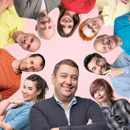 collage of different men and women showing positive emotions smiling and laughing on pink...