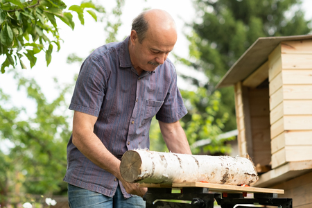 old man saw log in the garden at summer dayの写真素材