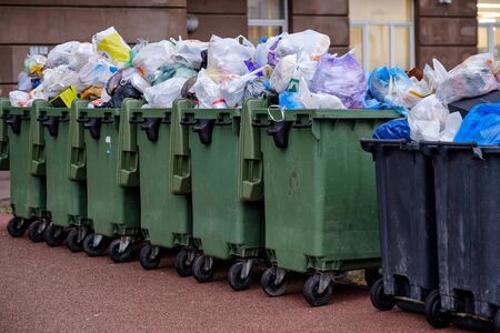 SAINT-PETERSBURG, RUSSIA 15 December 2019: Garbage bins are ready to be collected on a streetのeditorial素材