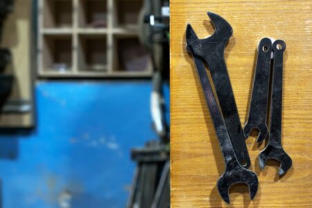 Tools for carpenter work wrench on board.の写真素材