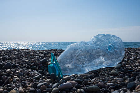 Empty used plastic bottle on beach background. environmental pollution concept