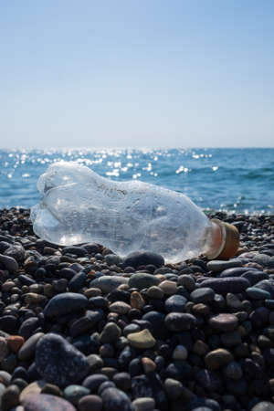 Empty used plastic bottle on beach background. environmental pollution concept. vertical orientation