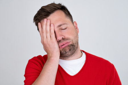 confused man overthinking suffering from grief frustration pain with sick face.