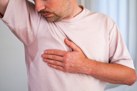 Man with hyperhidrosis sweating very badly under armpit