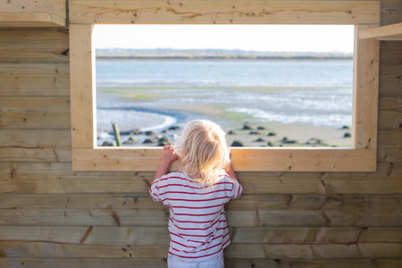 Blonde girl watching birds through a window in a birdwatching hutの写真素材