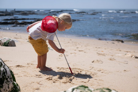 4-year-old European girl searching for seashells on the beachの写真素材