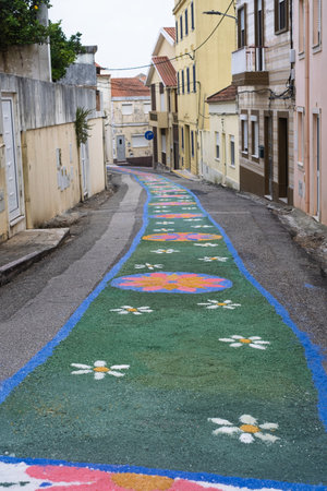 Street decorated for a church festival in Portugalの写真素材