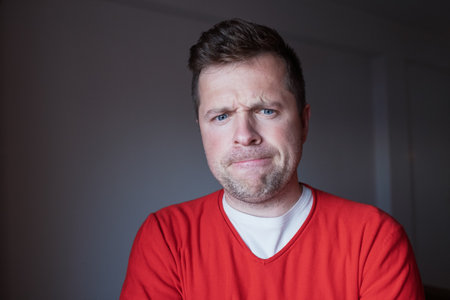 Thoughtful Middle Aged European Man Thinking About Something Important, Emotional Portraitの写真素材
