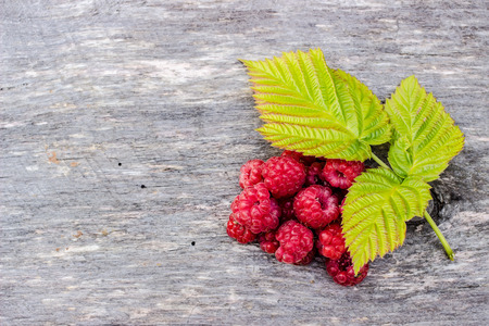 juicy raspberries lying on wooden table with leavesの写真素材