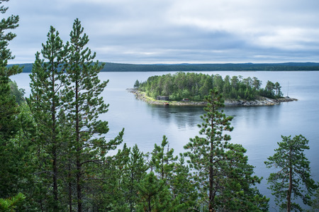 View of the island from the cliff through the pines, White Sea, Russiaの写真素材