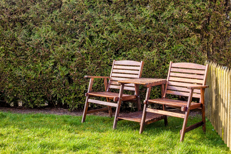 wooden table and chairs on a green lawn in the backyard on a sunny day in the background hedgerow and old wooden fenceの写真素材