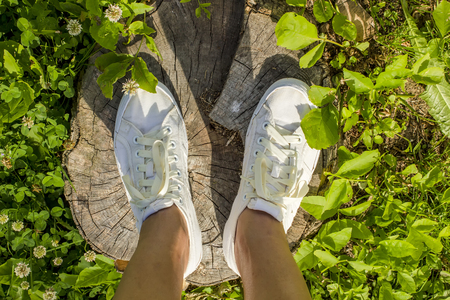 Girl in the white shoes is worth at the old stump in a green grass, sunny summer dayの写真素材