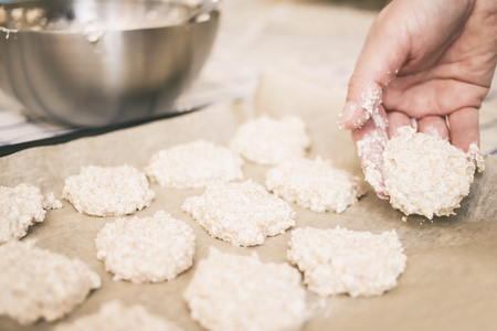 Dietary cookies prepared on the baking sheet, close-upの写真素材