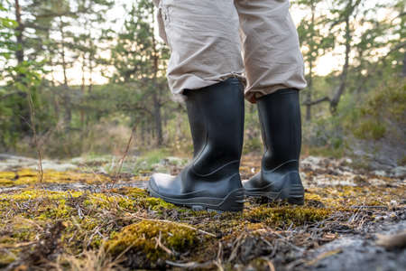 Male feet in rubber, waterproof boots, stand in the forest on a summer day. Active lifestyle.の写真素材