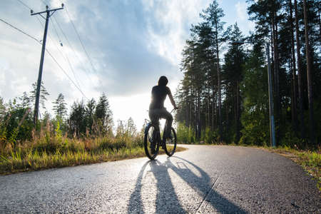 A woman rides a bike on a bike path near a pine forest and enjoys a warm summer evening. Healthy lifestyle concept.の写真素材