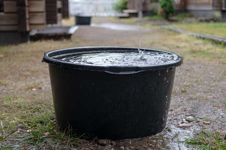 Rainwater is collected in a basin of standing under the gutter, in the yard, on a summer day.の写真素材