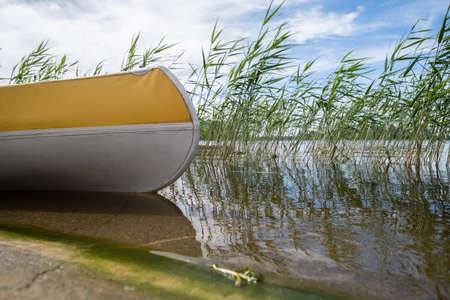 Kayak is parked by the rocky shore of the lake, against the backdrop of green grass and sky. Lifestyle.の写真素材