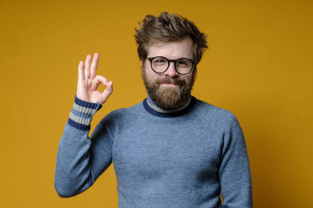 Cute, funny man in a sweater doing ok sign with hand and fingers, he is successful and satisfied, looks smiling at the camera.の写真素材