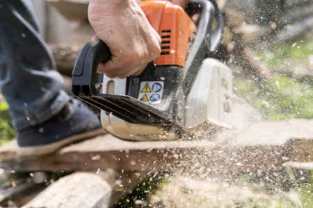 Male hands sawing old boards for firewood with a professional chainsaw, in a village yard. Winter preparation concept. Lifestyle.の写真素材