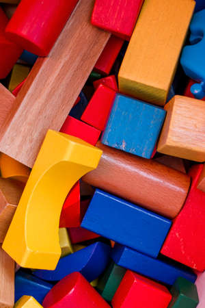 Multi-colored wooden details from a childrens designer. Close-up.の写真素材