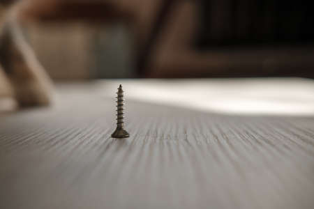 Screw that has fallen to the floor stands with its sharp part up, which is very traumatic, against a blurred background.の写真素材