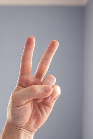 Hand showing with fingers the symbol of victory or number two, on a gray background. Close-up.の写真素材