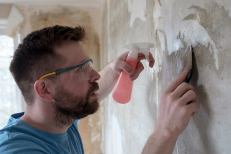 Home repairs. Man removes the old wallpaper from the wall with a spatula and a pulverizer with water.の写真素材