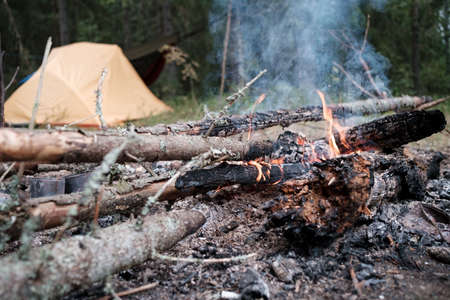 Camp fire, against the background of the tent and hammock in the camp in the forest, in the summer. Leisure activities and lifestyle.の写真素材