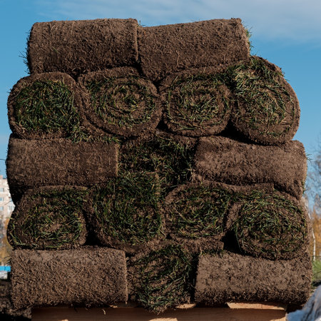 Lawn of green grass and soil is rolled into rolls, the turf lies on a pallet in a stack ready for greening. Close-up.の写真素材