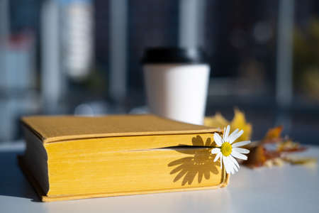 Book with a bookmark with a chamomile flower lies on the table, against the background of aromatic coffee in a disposable paper cup.の写真素材