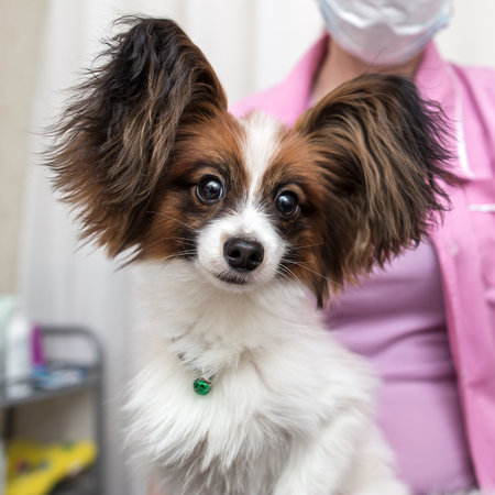 Cute dog Papillon on a routine examination in a veterinary clinic, calmly sits in the arms of a doctor. Animal health concept.の写真素材