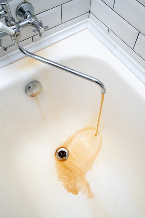 Rusty water flows out of the faucet into a white tub. Problem is old pipes that need to be replaced.の写真素材