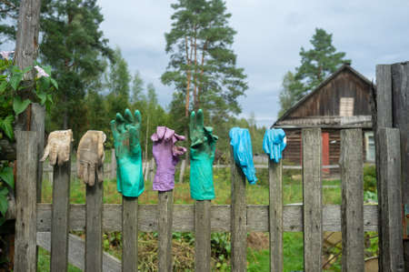 Old, dirty rubber gloves of different colors are dried on a fence, in the countryside, against the backdrop of a house.の写真素材