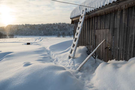 Wonderful winter rural landscape. Old wooden barn, against the backdrop of a snowy meadow and forest, at sunset.の写真素材
