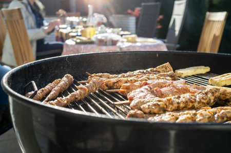 Cooking food on the barbecue, outdoor. Delicious meat on sticks and cheese on the grill, in the courtyard of the house. in the spring.の写真素材