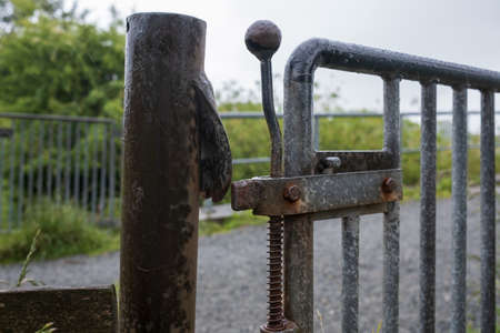 Metal gate with a latch, limiting the passage to the fenced area, outdoors.