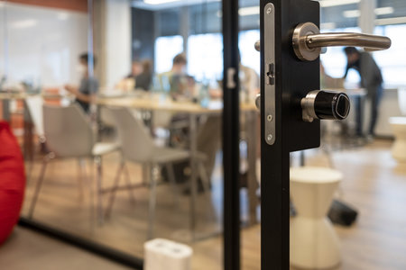 Open door to a coworking space, blurred silhouettes of people during a hackathonの写真素材